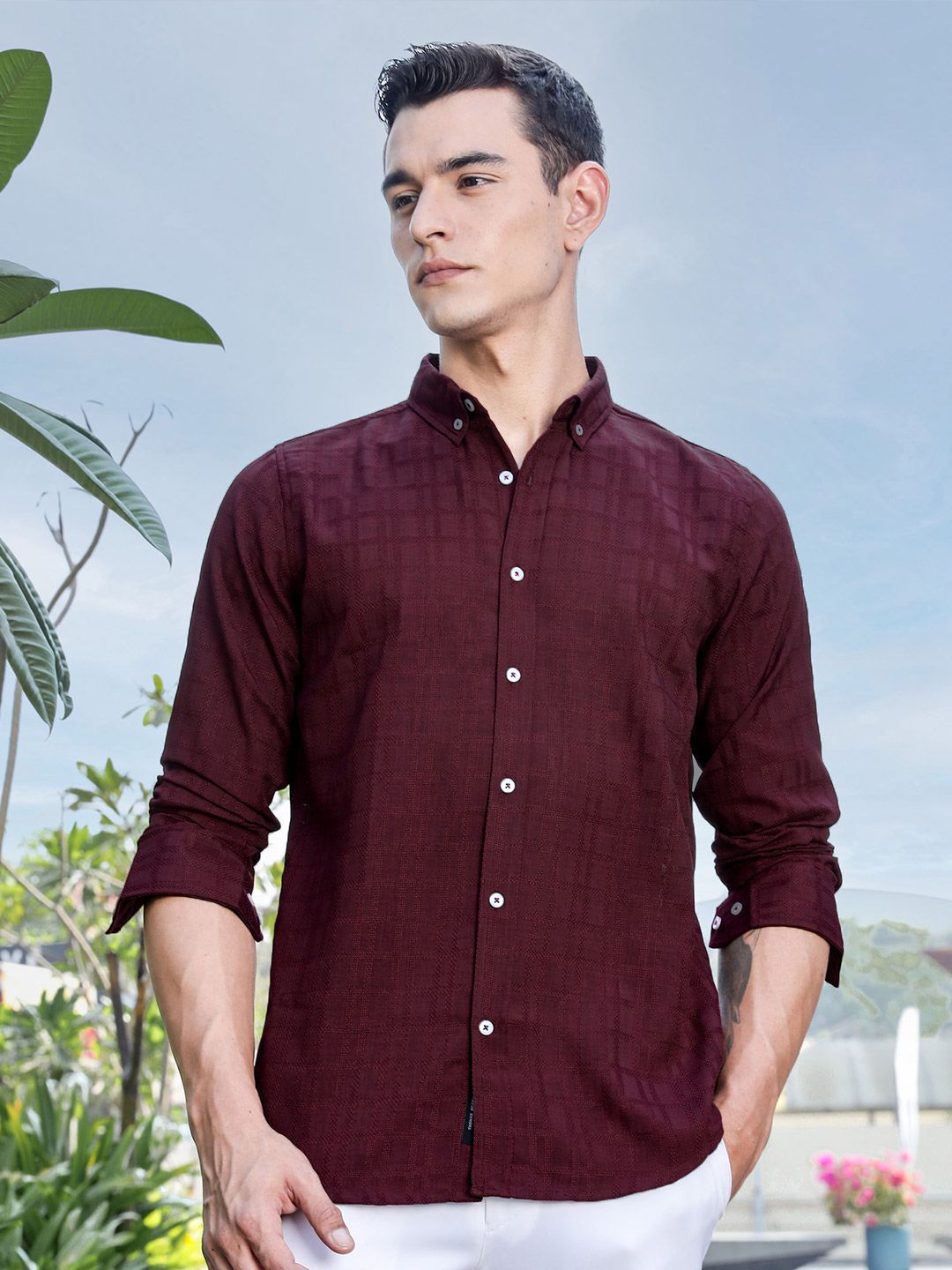 Thomas Scott Men Premium Regular Fit Button-Down Collar Textured Casual Shirt