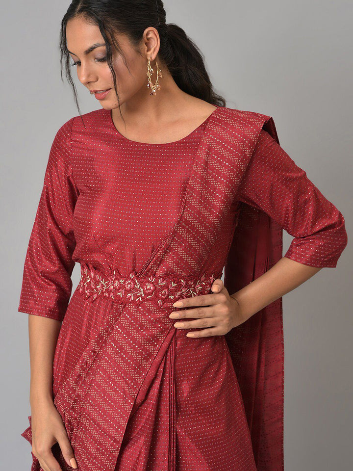 W Satin Maxi Insta Saree Dress with Embroidered Belt