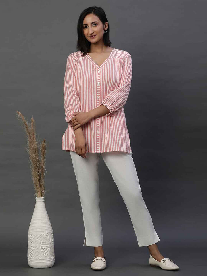 AURELIA Striped V-Neck Pure Cotton Kurti