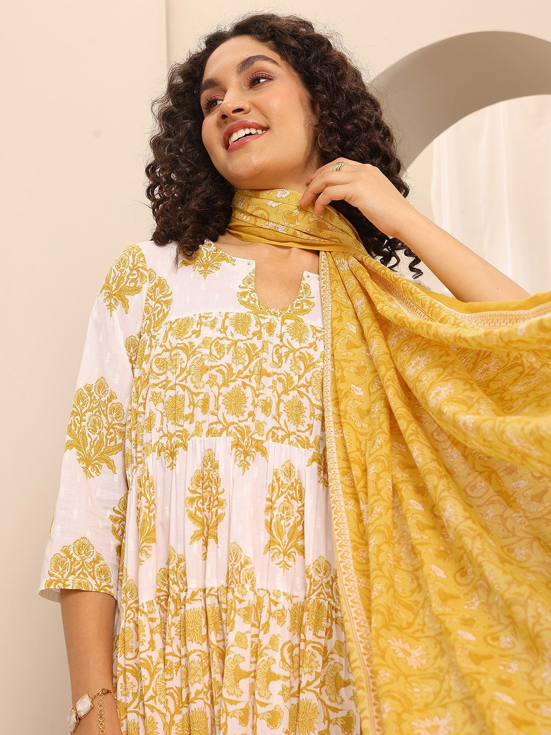 Libas Floral Printed Notch Neck Anarkali Kurta With Trousers & Dupatta