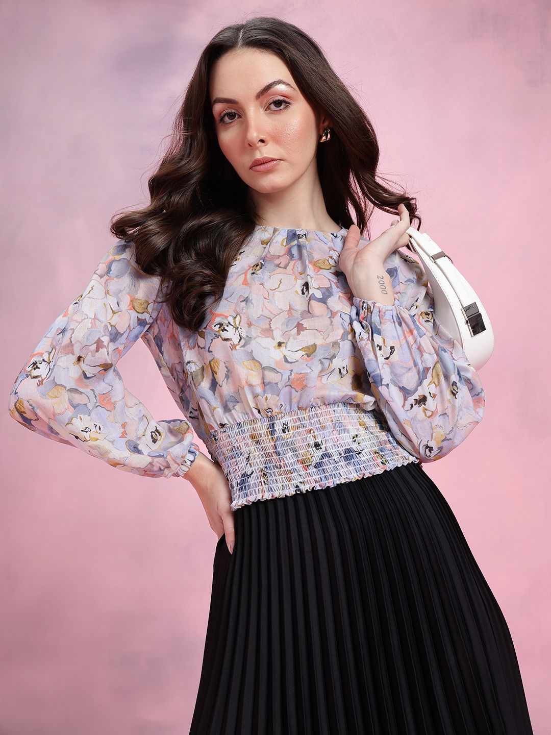 DressBerry Floral Print Smocked Detail Puff Sleeves Blouson Top
