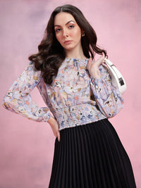 DressBerry Floral Print Smocked Detail Puff Sleeves Blouson Top