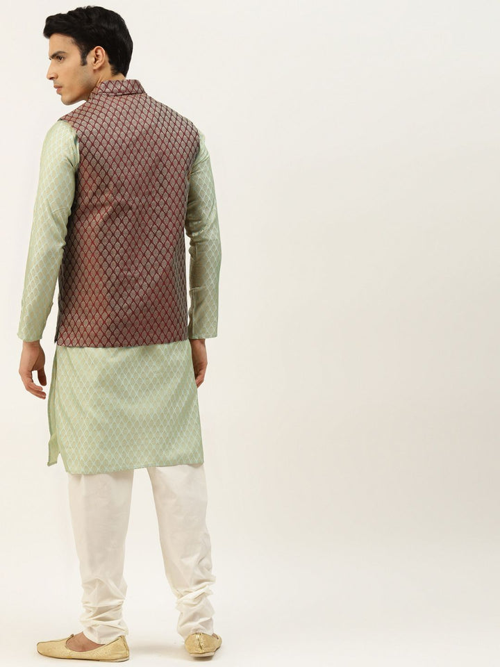 SOJANYA Kurta Motif Etnik Hijau & Maroon Lelaki dengan Jaket Churidar & Nehru