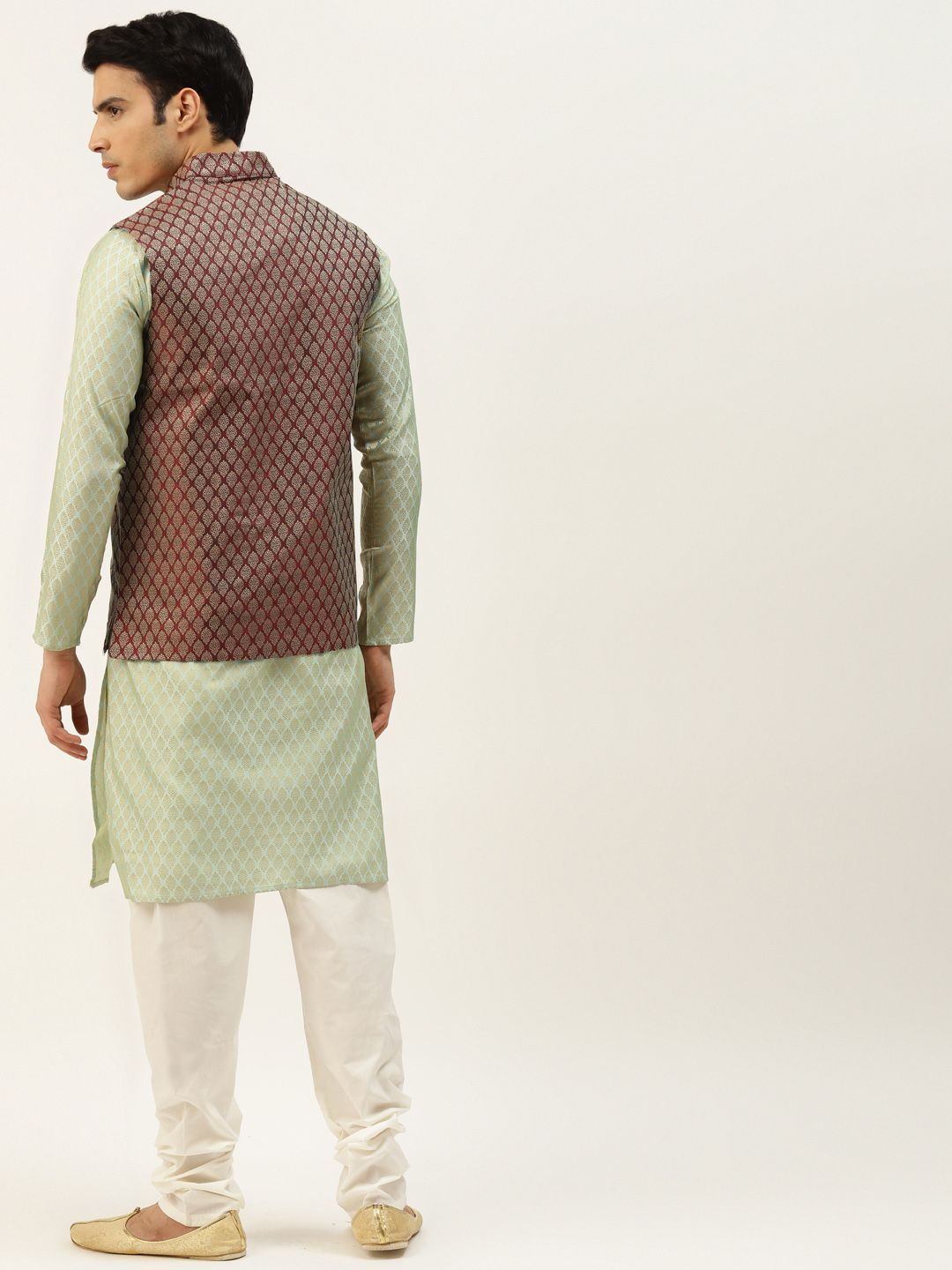 SOJANYA Kurta Motif Etnik Hijau & Maroon Lelaki dengan Jaket Churidar & Nehru