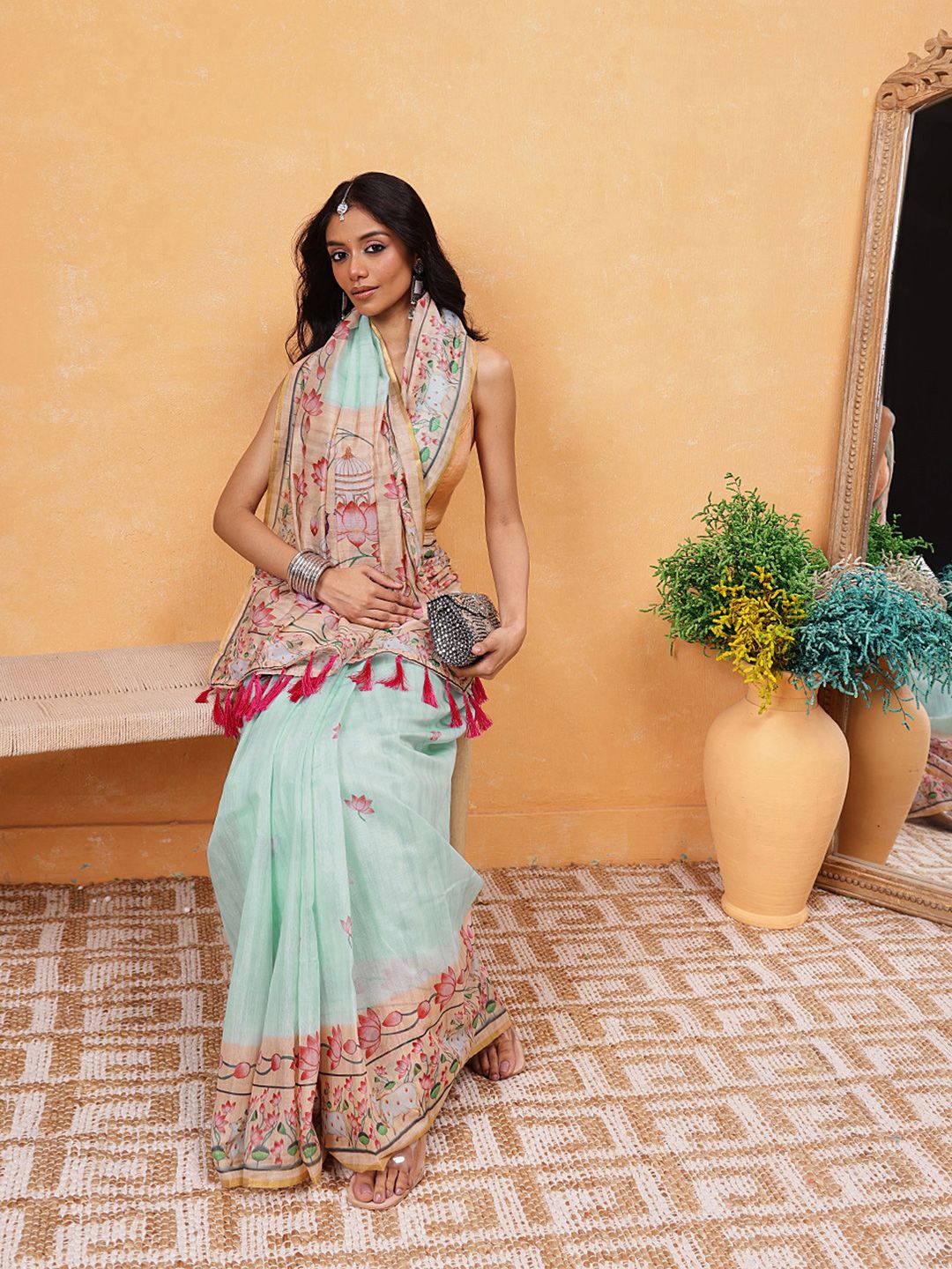 Silk Land Women Floral Print Ready To Wear Chanderi Saree