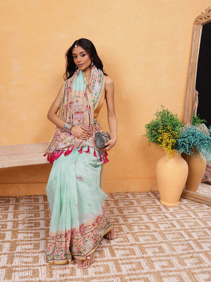 Silk Land Women Floral Print Ready To Wear Chanderi Saree