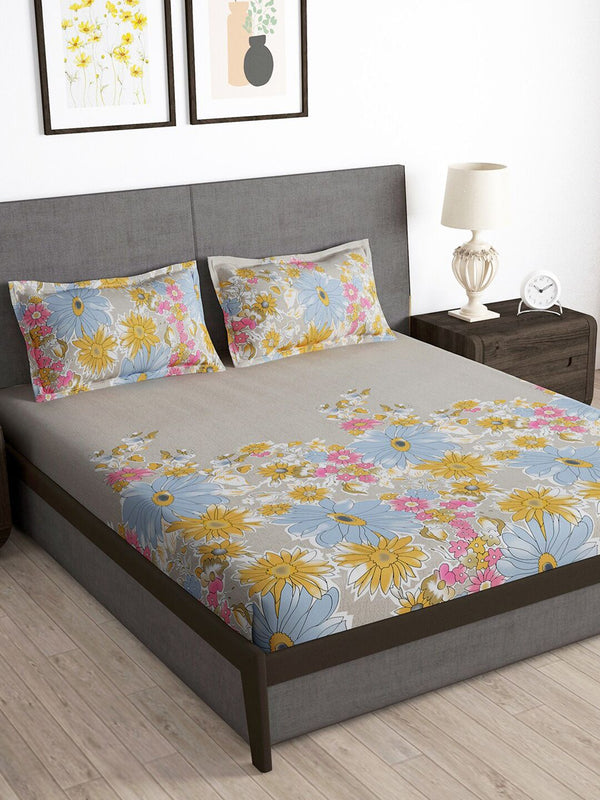 Story@home Grey & Blue Floral 180 TC Queen Bedsheet with 2 Pillow Covers