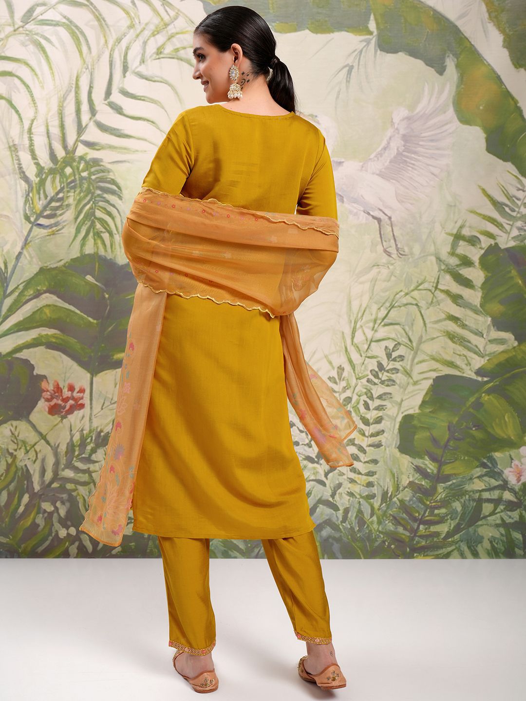 Vishudh Mustard Yellow Embroidered Thread Work Straight Kurta With Trousers & Dupatta