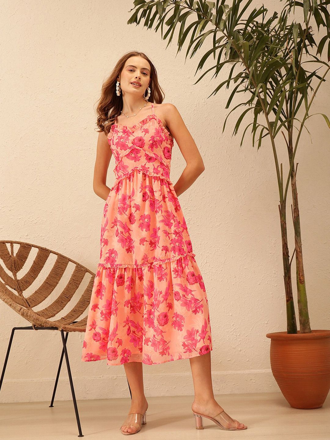 STREET 9 Floral Printed Shoulder Straps Georgette Maxi Dress