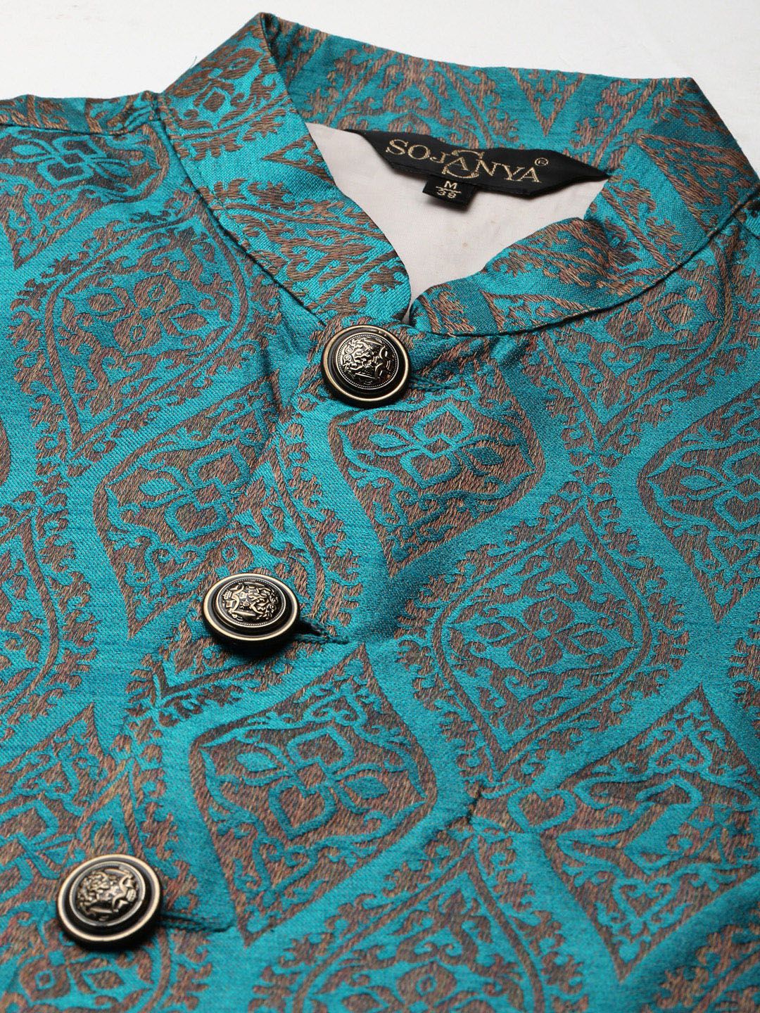 SOJANYA Men Golden & Teal Blue Kurta with Churidar & Nehru Jacket