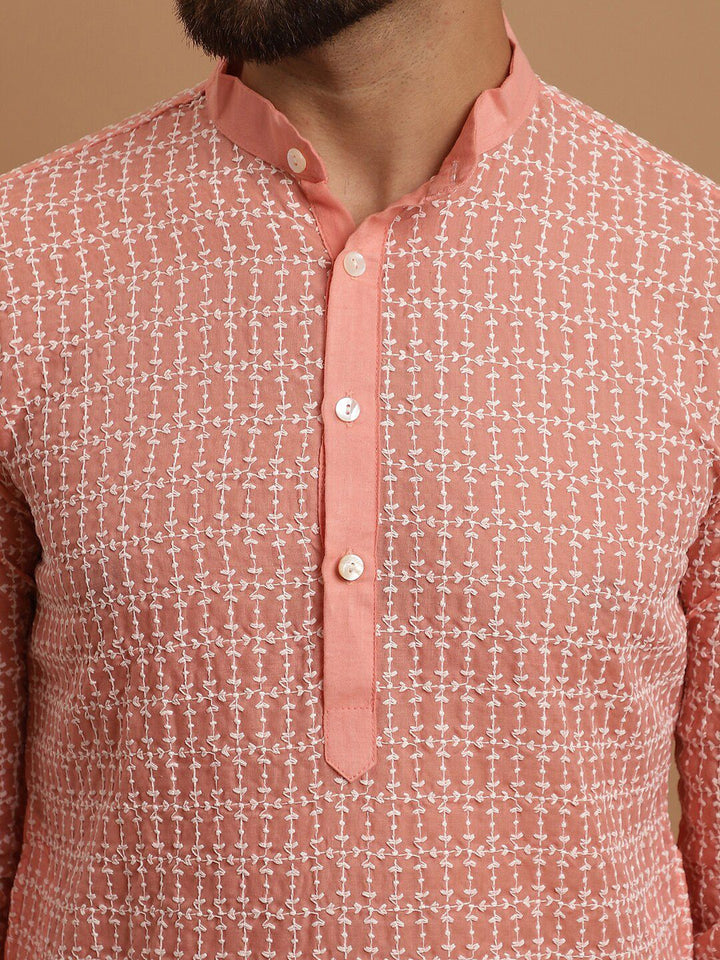 SOJANYA Men Floral Embroidered Regular Pure Cotton Kurta with Churidar