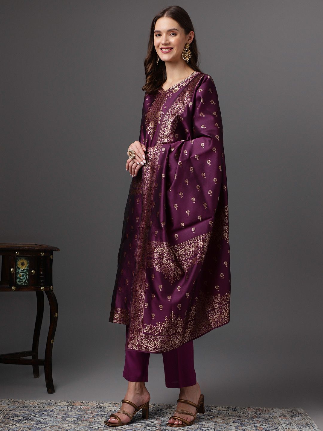 Anouk Zari Woven Design Kurta with Trousers & Dupatta