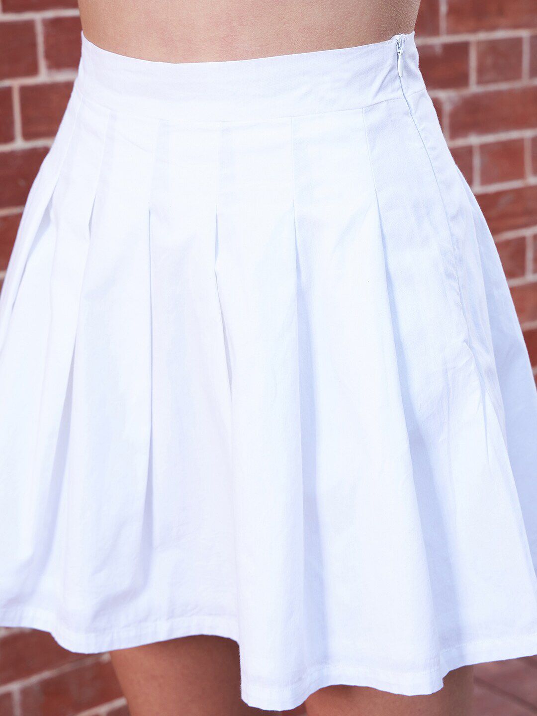 Berrylush White Pure Cotton Flared Mini-Length Pleated Hem Skirt