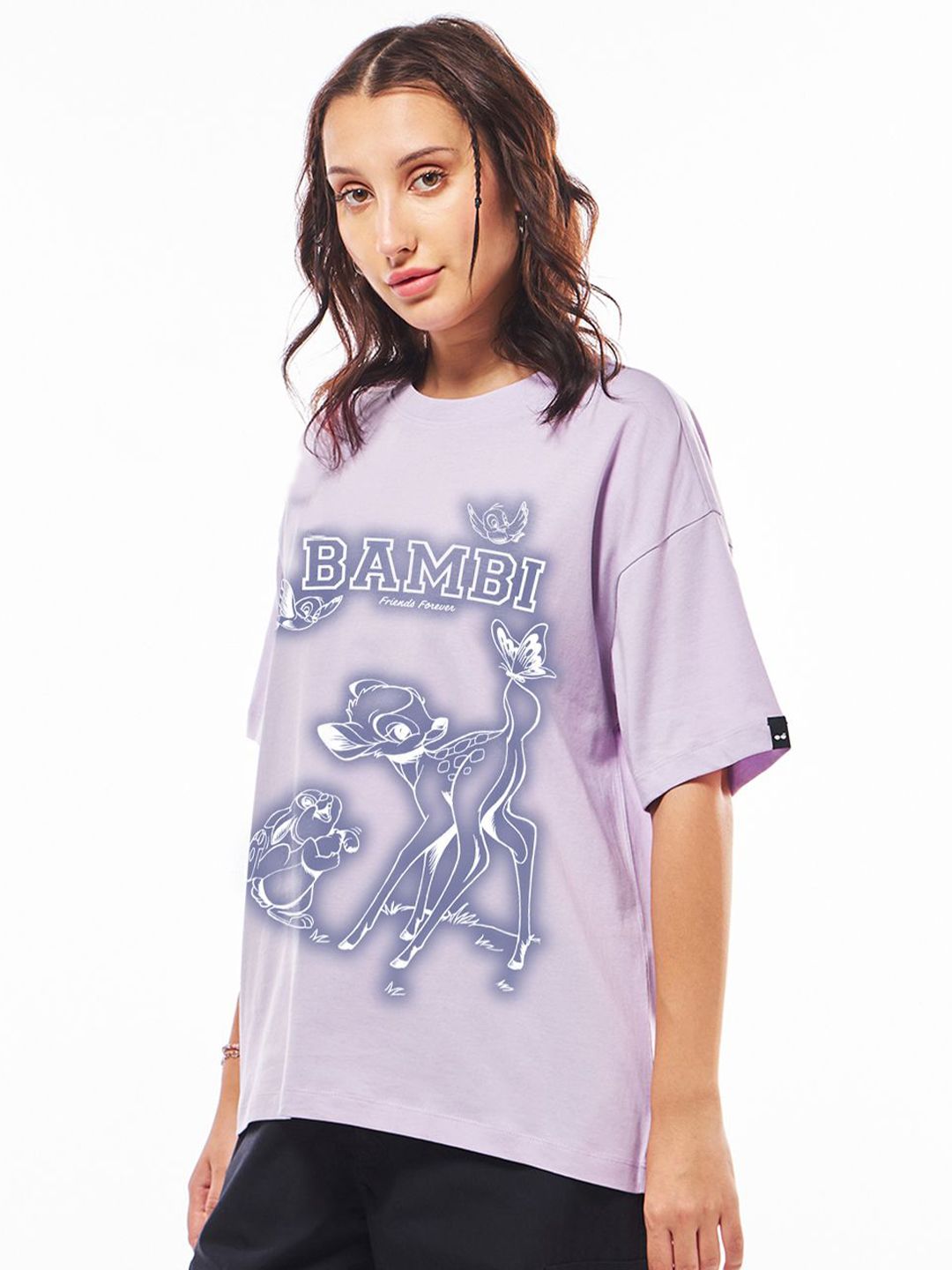 Bewakoof Women Graphic Printed Round Neck Cotton Oversized Bambi T-shirt