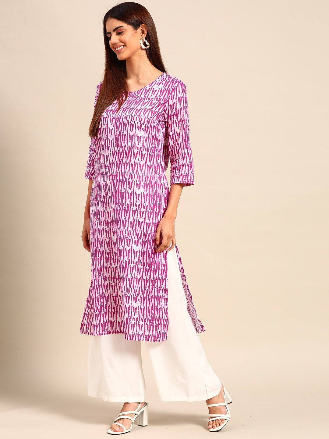 Anouk Women Purple & White Ethnic Motifs Printed Cotton Kurta