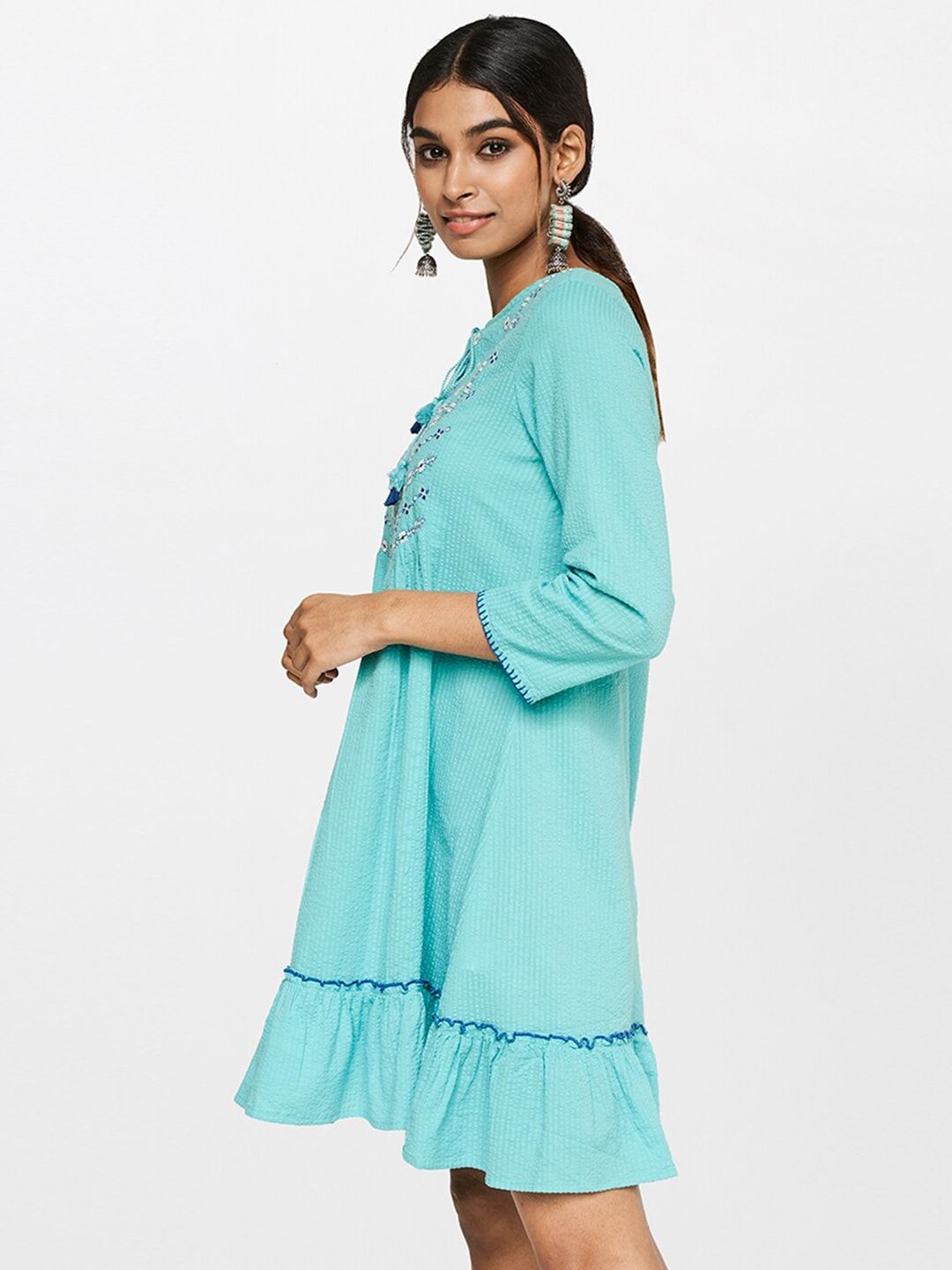 Global Desi Blue Tie-Up Neck Drop-Waist Pure Cotton Dress