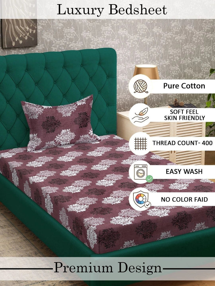 Myntra Elegant Homes Maroon Floral Cotton 400 TC Single Bedsheet with 1 Pillow Cover