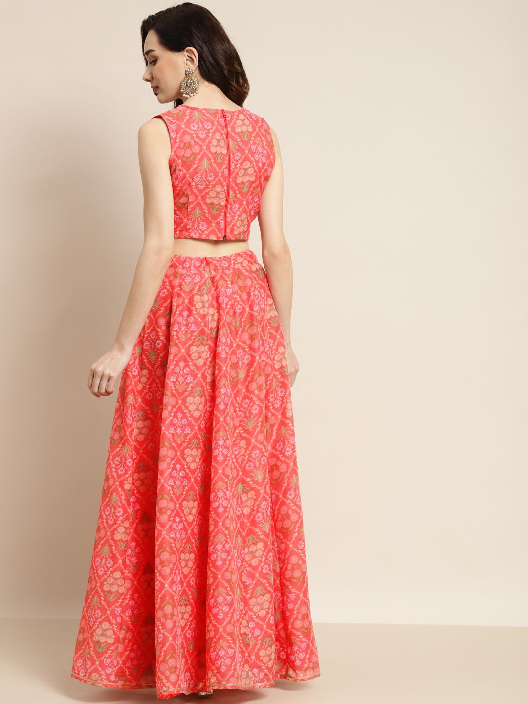 Shae by SASSAFRAS Peach-Coloured & Olive Green Printed Fusion Lehenga Choli