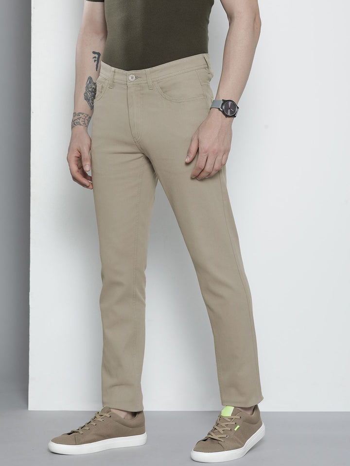 The Indian Garage Co Men Taupe Solid Chinos Trousers
