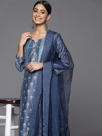Varanga Women Blue Floral Printed Sequinned Kurta with Trousers & With Dupatta