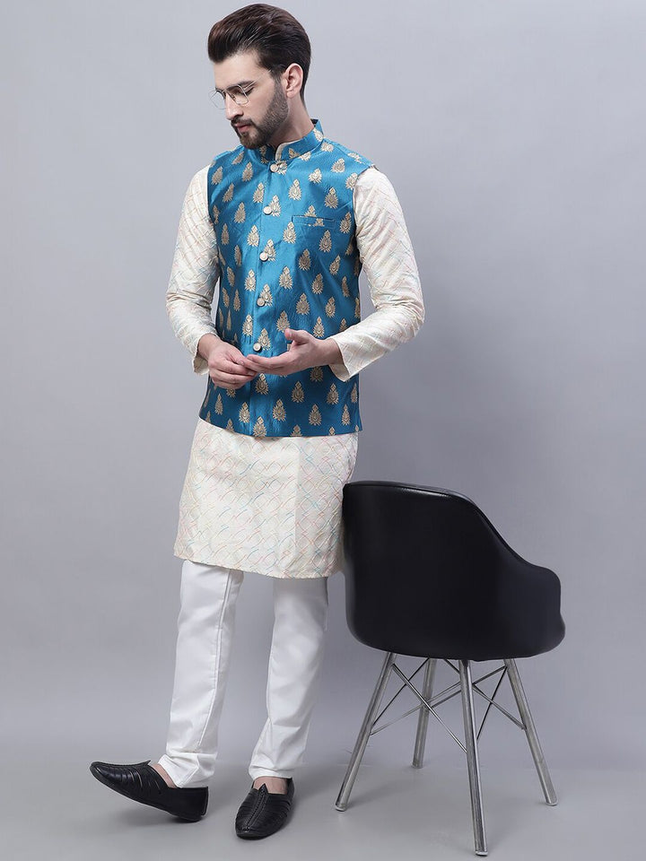 SOJANYA Men Ethnic Motifs Embroidered Thread Work Kurta With Churidar & Nehru Kurta