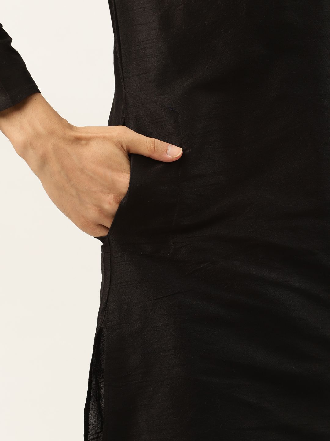 SOJANYA Men Black Thread Work Kurta with Churidar & Nehru Jacket
