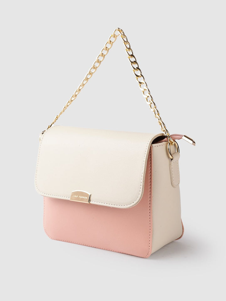 Lino Perros Beige & Peach-Coloured Colourblocked Handheld Bag with Detachable Sling Strap