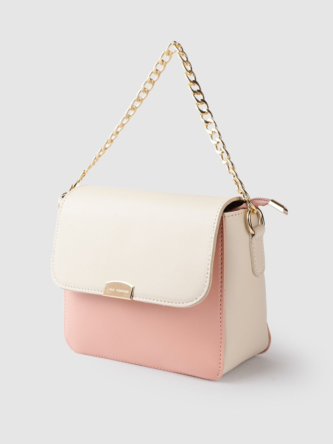 Lino Perros Beige & Peach-Coloured Colourblocked Handheld Bag with Detachable Sling Strap