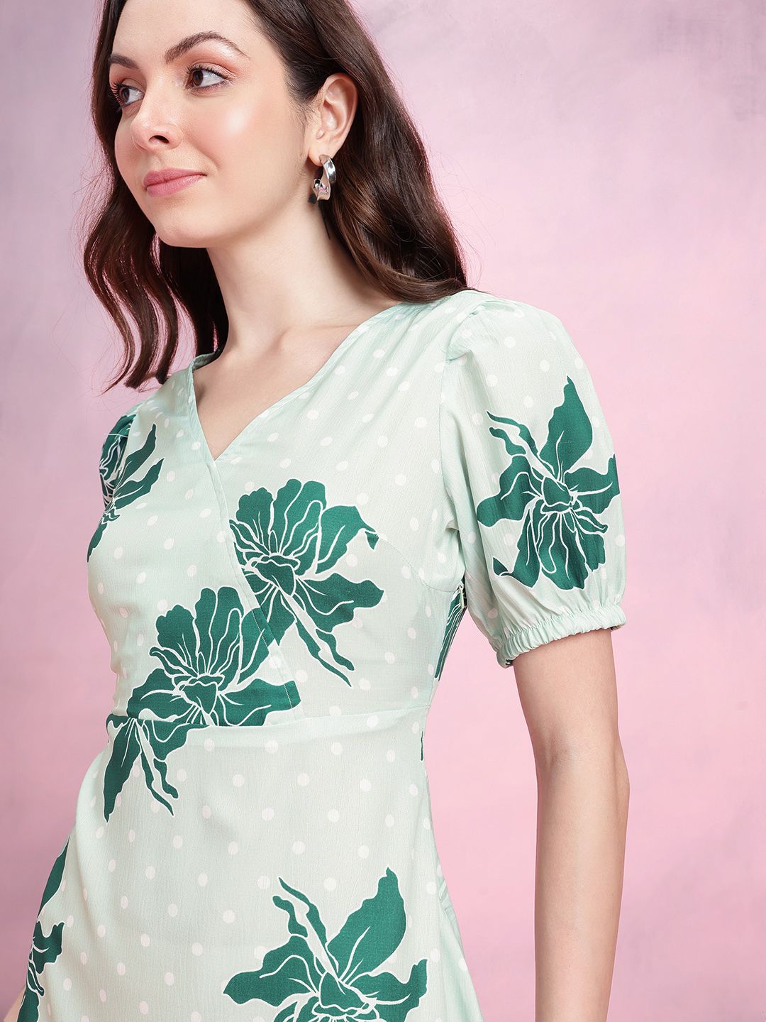 DressBerry Floral Print Puff Sleeves Wrap-Style Satin A-Line Dress