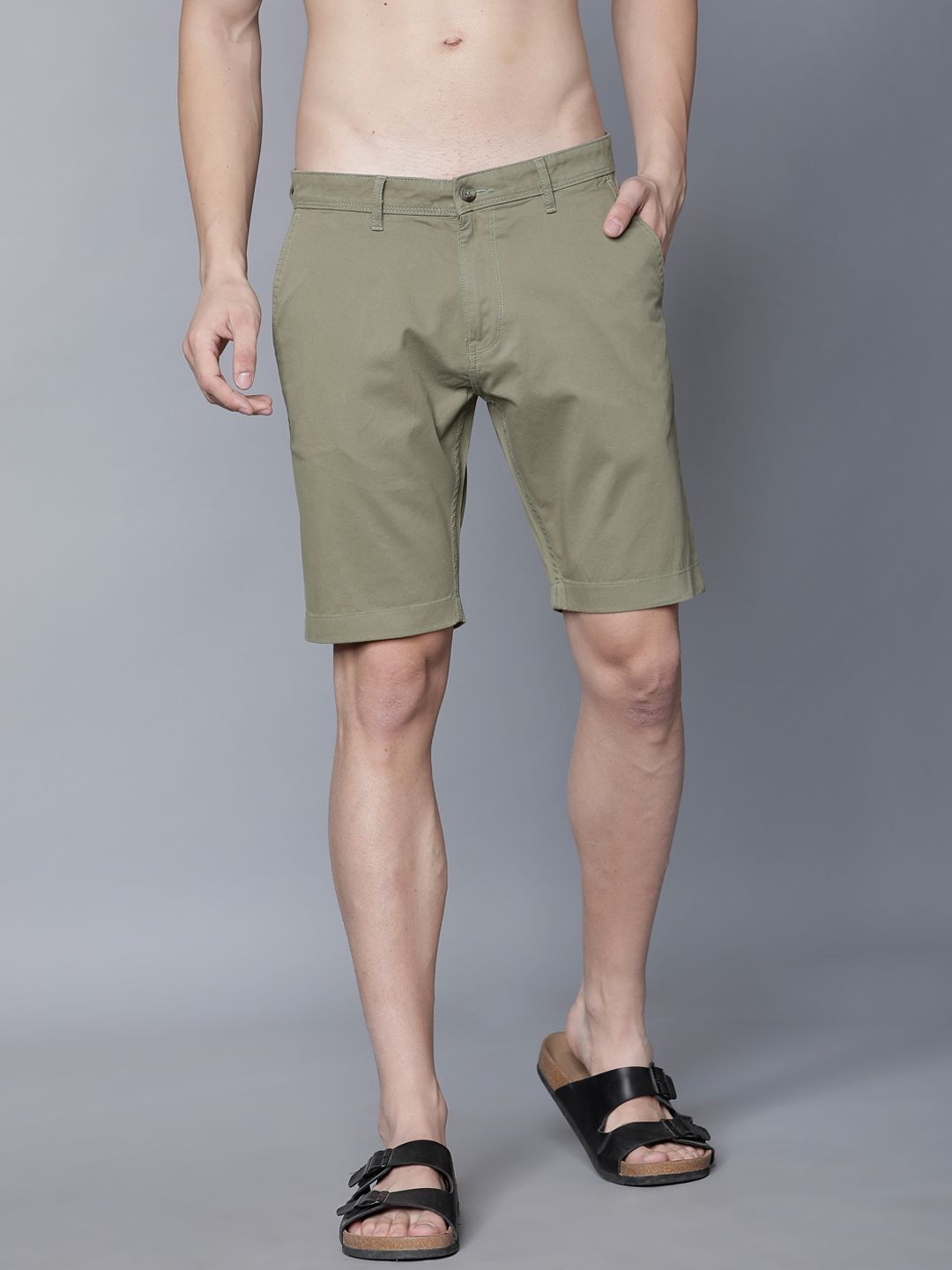 HIGHLANDER Men Olive Green Solid Slim Fit Chino Shorts