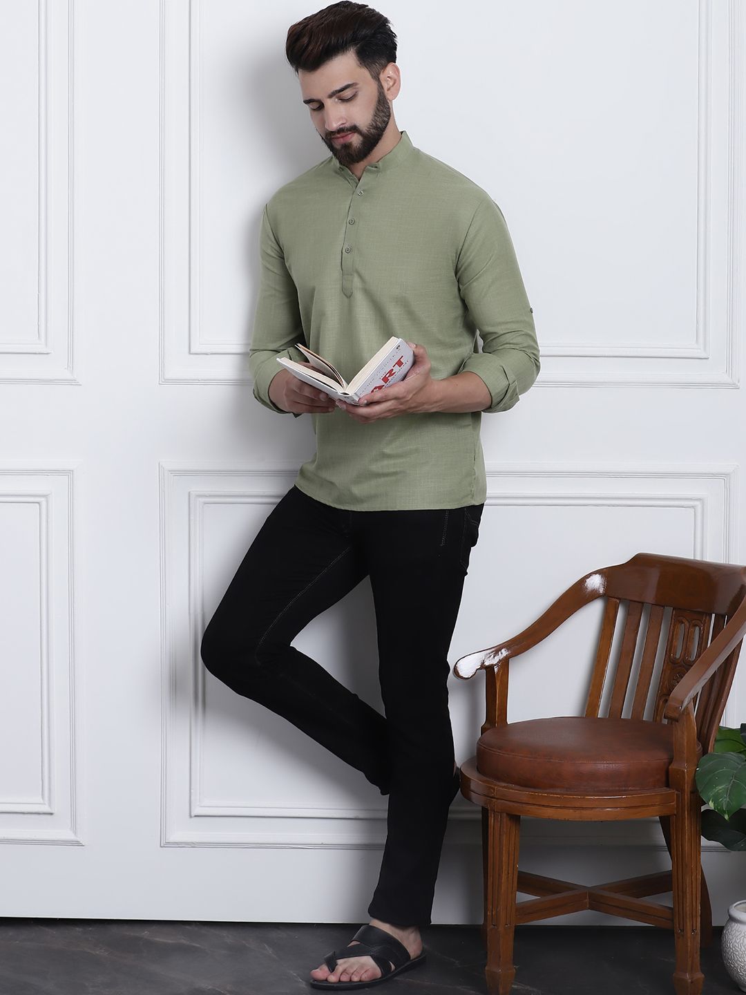 SOJANYA Lelaki Hijau Solid Kurta Lurus