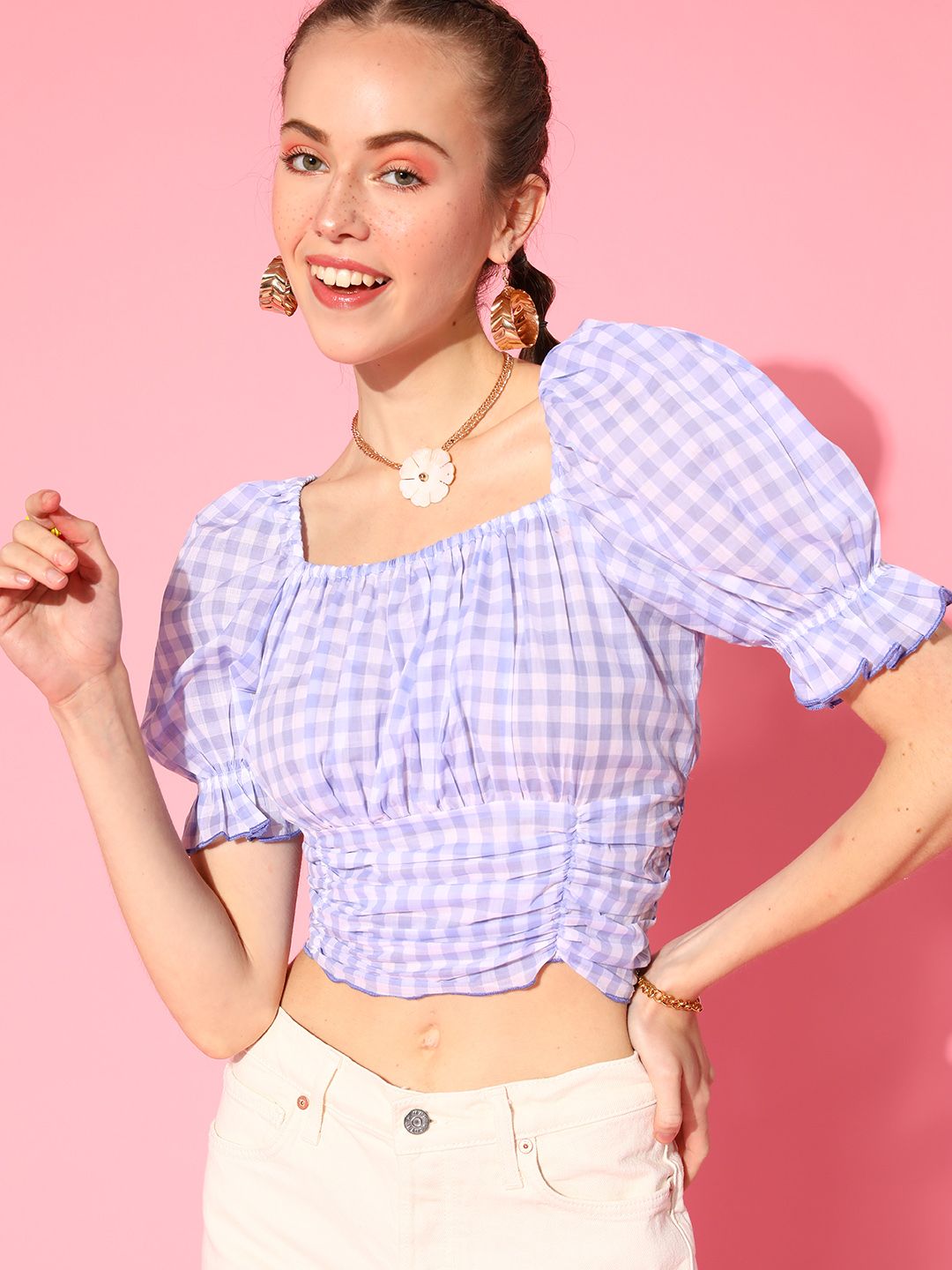 Antheaa Women Elegant Lavender Checked Summer Gingham Top