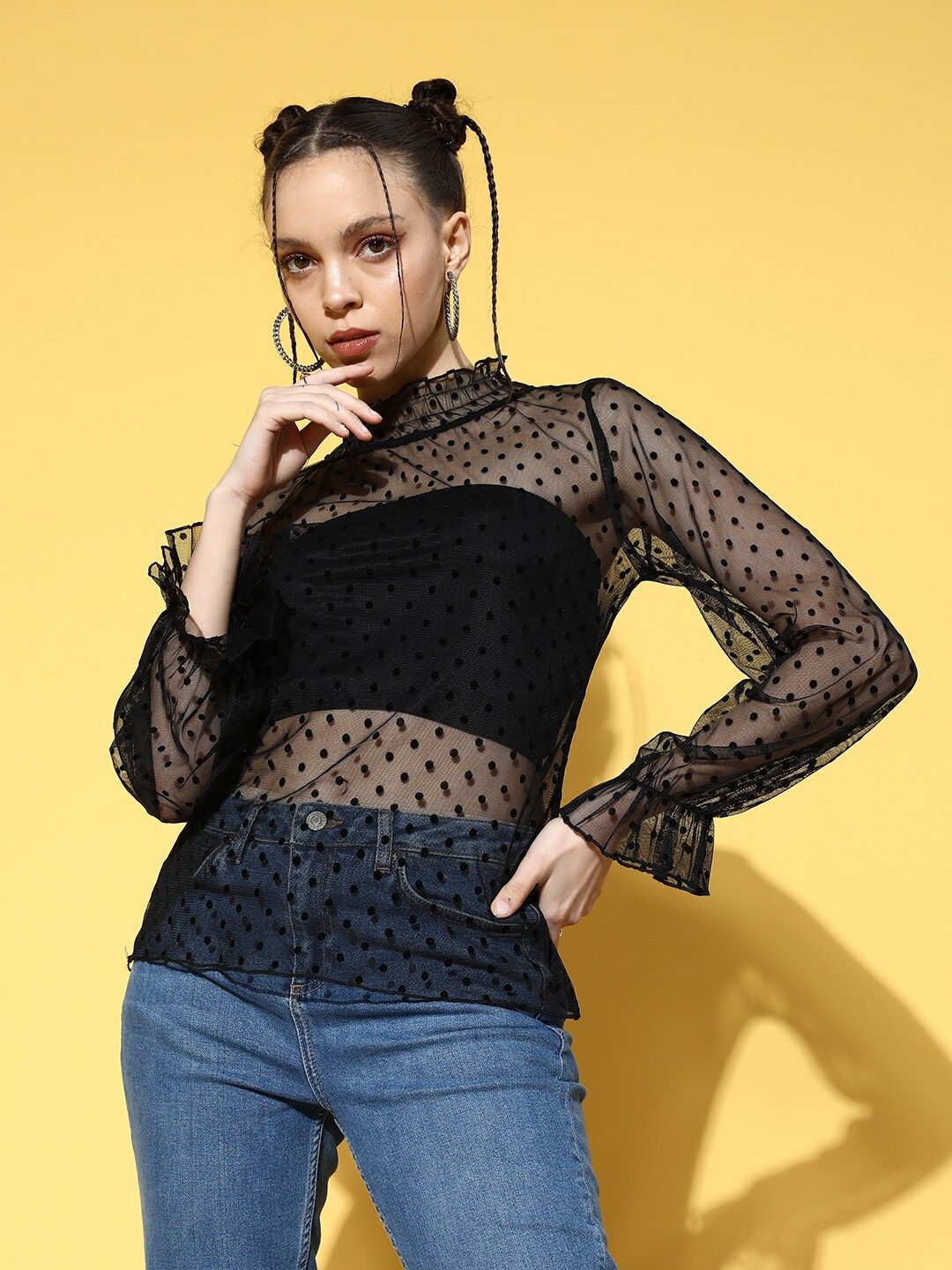 Berrylush Black High Neck Bishop Sleeves Sheer Crepe Top