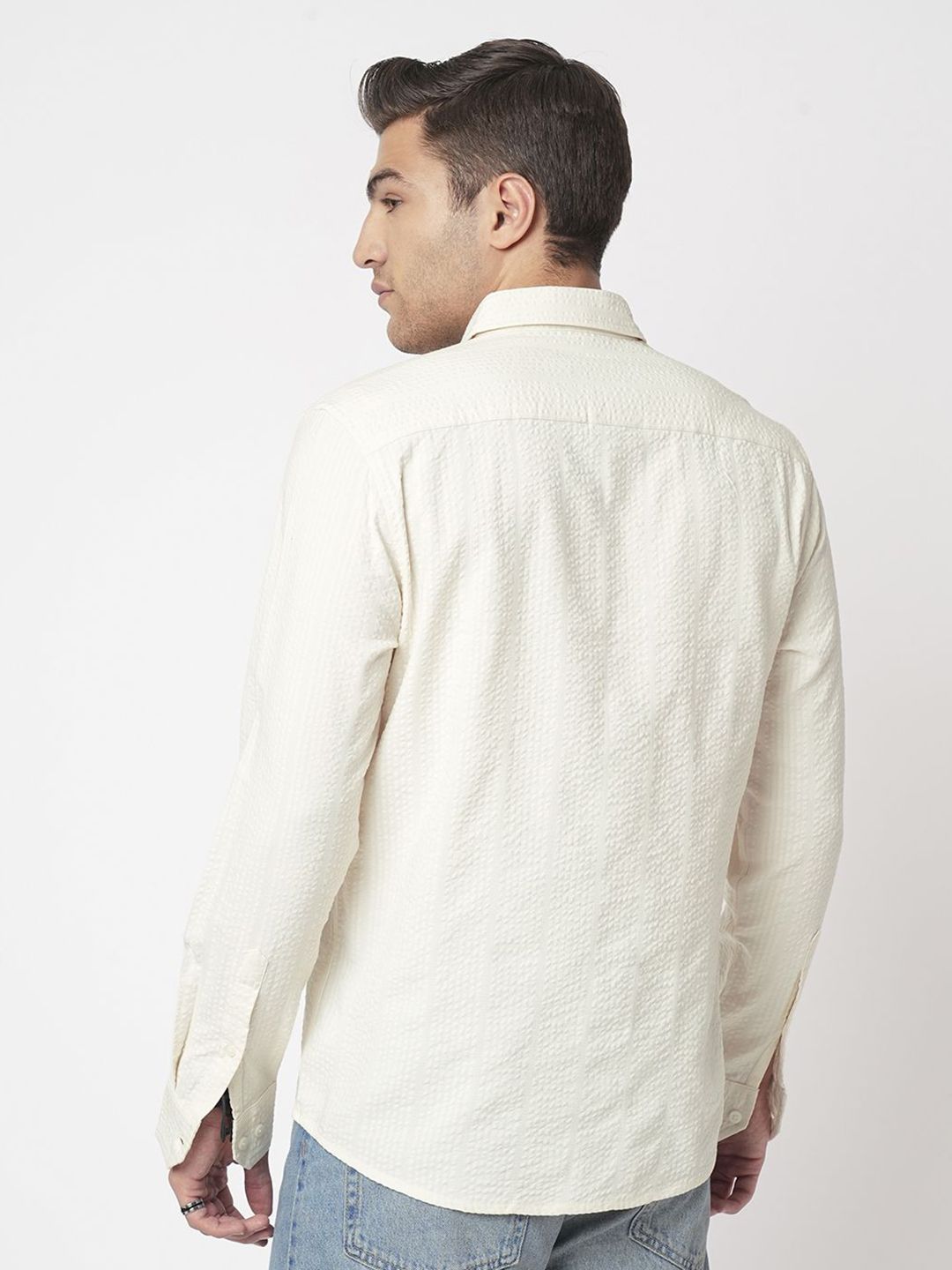 VASTRADO Men Spread Collar Textured Cotton Casual Shirt