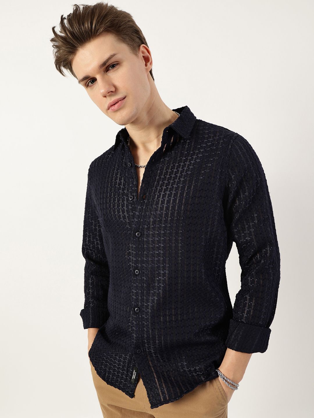 Thomas Scott Men Premium Spread Collar Textured Solid Slim Fit Casual Shirt