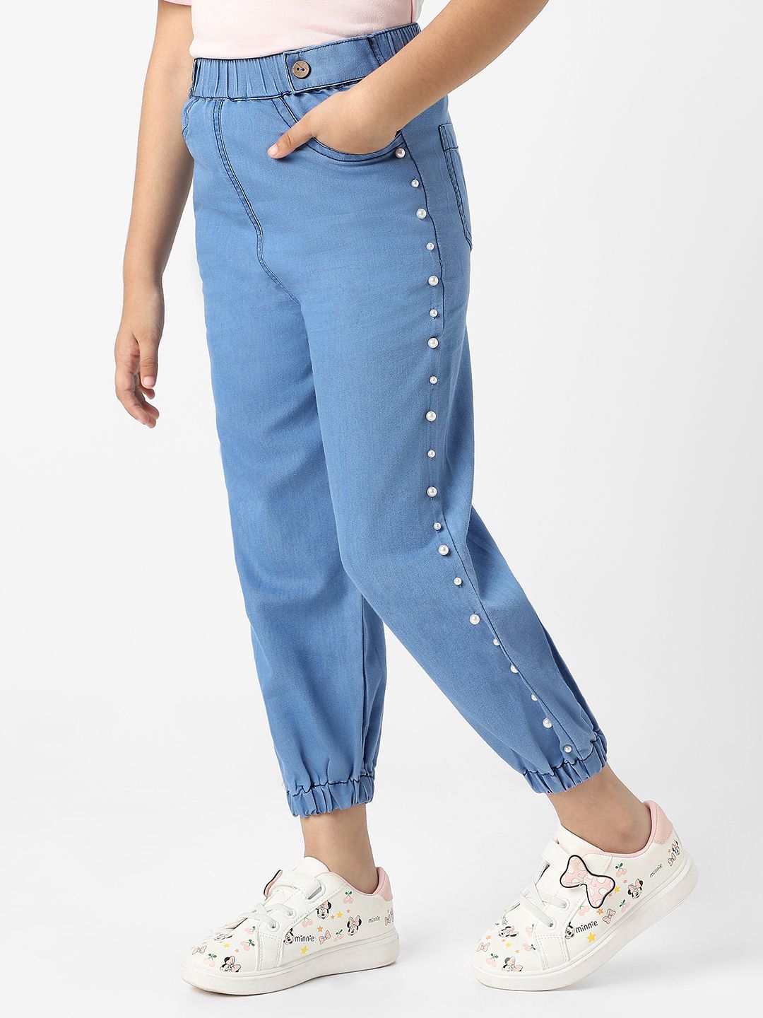 Nauti Nati  Girls Cotton Denim Jogger Jeans with Pearl Sequins - Skinny Fit