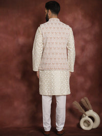 Anouk Men Floral Embroidered Thread Work Straight Kurta With Pyjama & Nehru Jacket