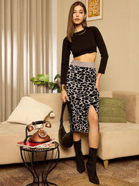 Berrylush Women Printed High Rise Bodycon Midi Slit Skirt