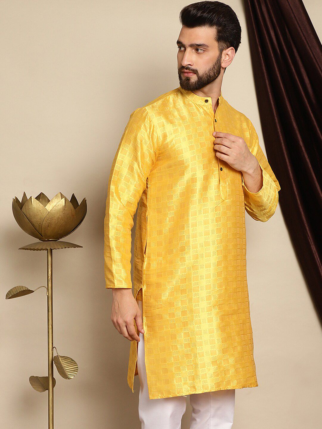 Anouk Yellow Geometric Woven Design Band Collar Jaquard Silk Straight Kurta