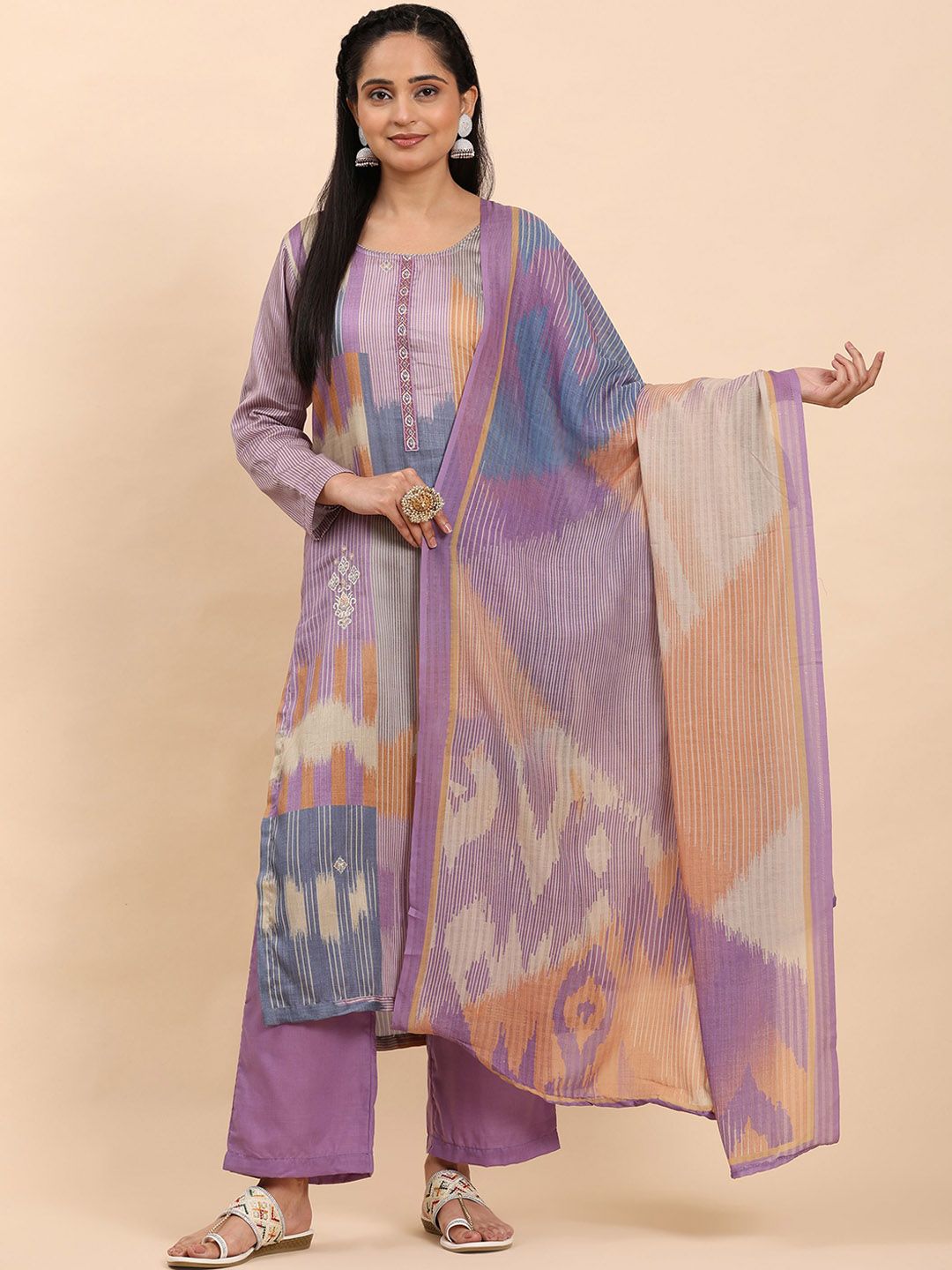 Mamicha Wanita Bercetak Kurta Kapas Tulen Biasa dengan Palazzos & Dengan Dupatta