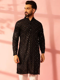 Anouk Geometric Embroidered Band Collar Mirror Work Cotton Straight Kurta