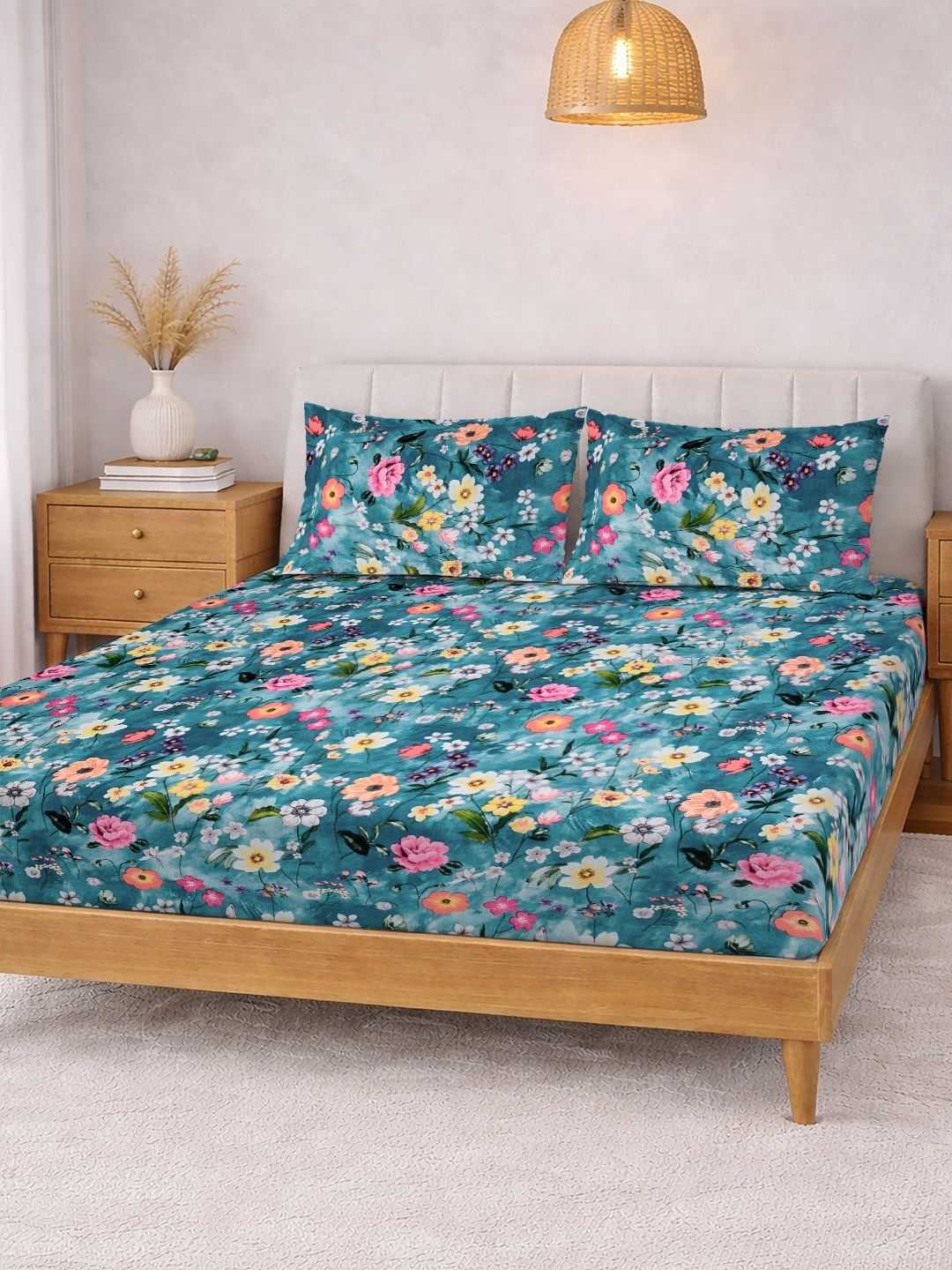 Myntra Elegant Homes Blue Floral 300 TC King Bedsheet with 2 Pillow Covers