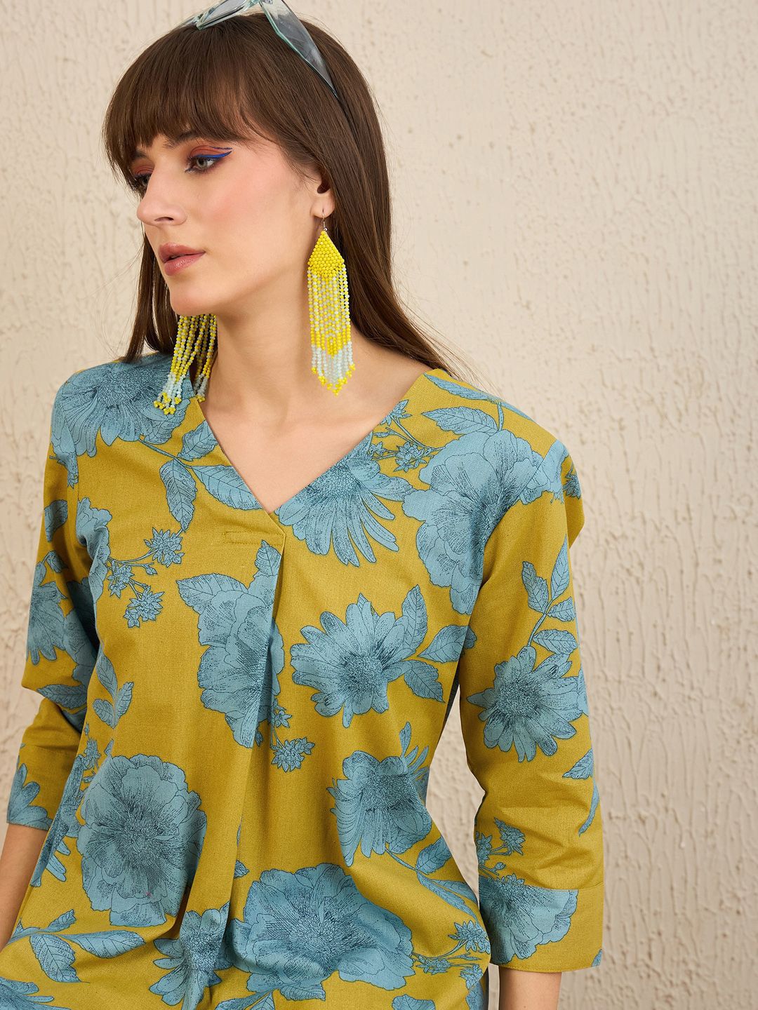 Indo Era Floral Printed V-Neck A-Line Kurta with Trousers