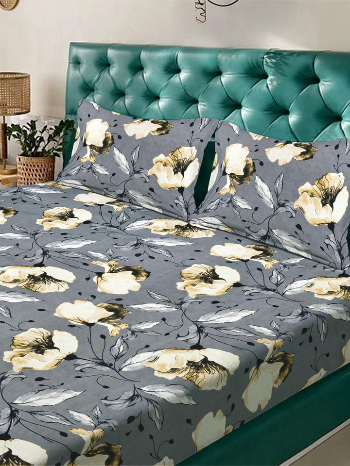 KLOTTHE Grey Floral 300 TC King Bedsheet with 2 Pillow Covers