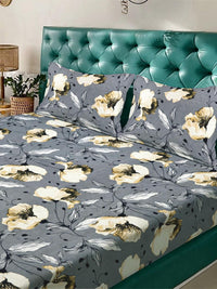 KLOTTHE Grey Floral 300 TC King Bedsheet with 2 Pillow Covers
