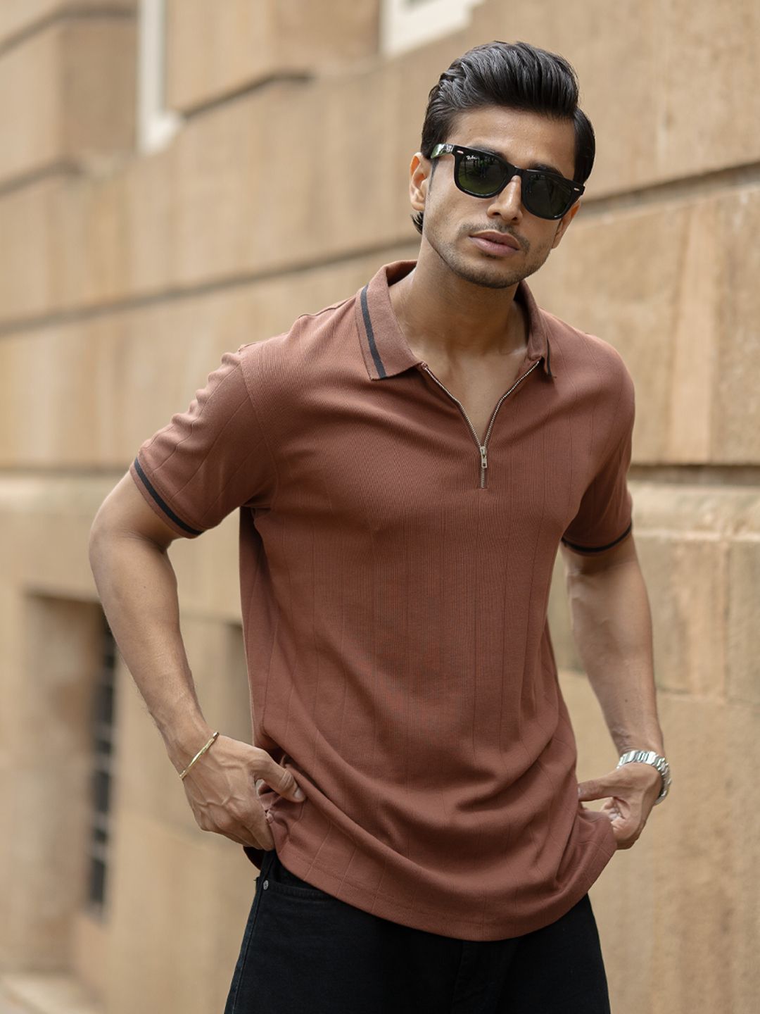 Powerlook Men Self Design Polo Collar Pure Cotton T-shirt