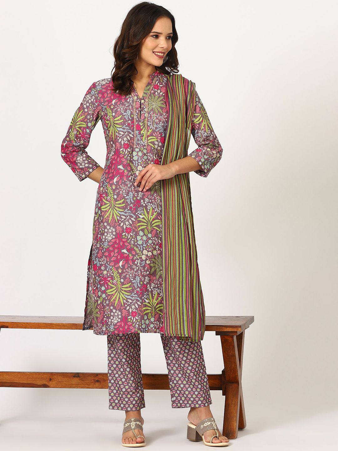 W Purple Floral Printed Three-Quarter Sleeves Pure Cotton Kurta With Trouser & Dupatta