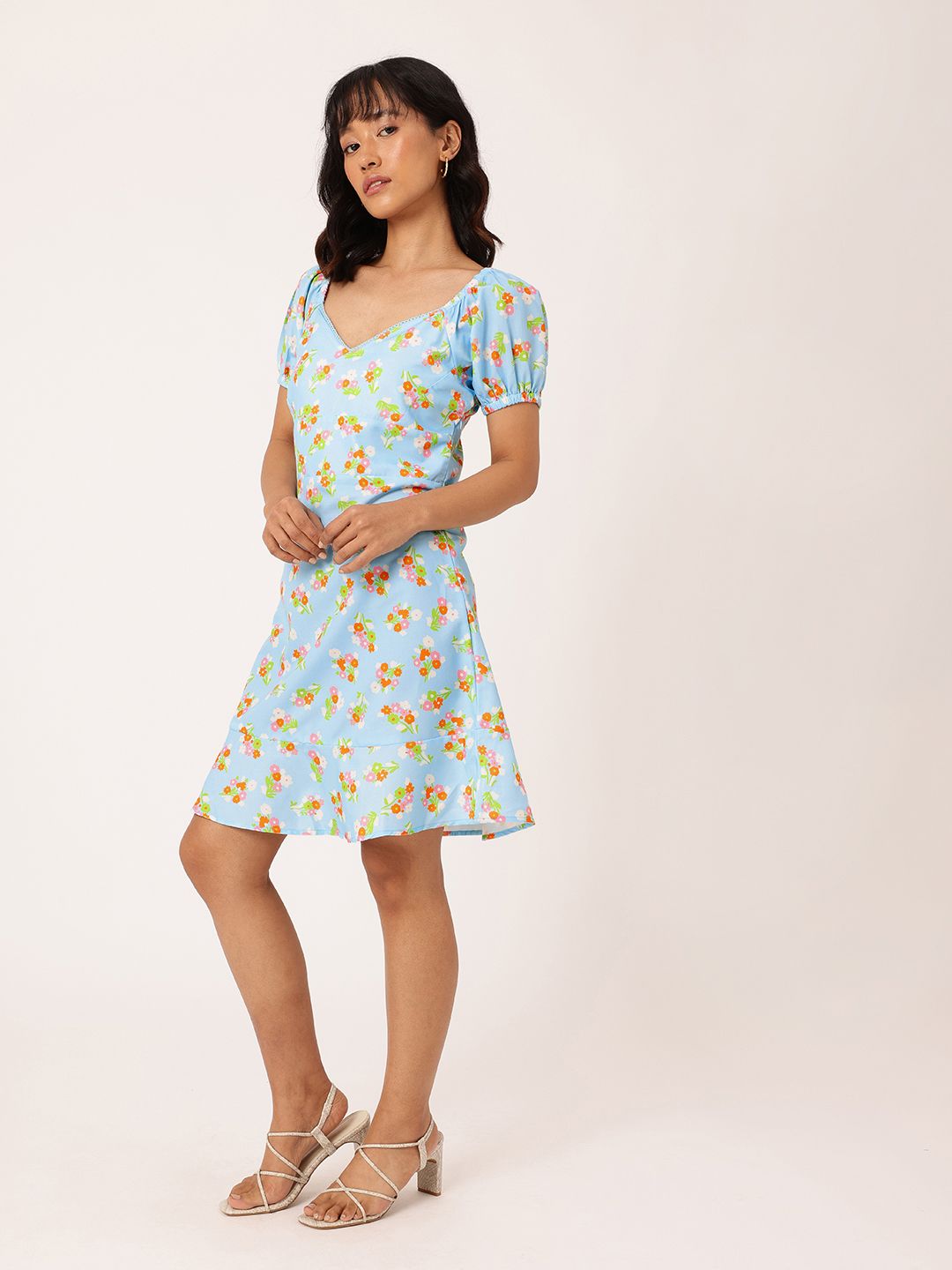 DressBerry Endearing Blossom Sweetheart Neck Puff Sleeves A-Line Dress