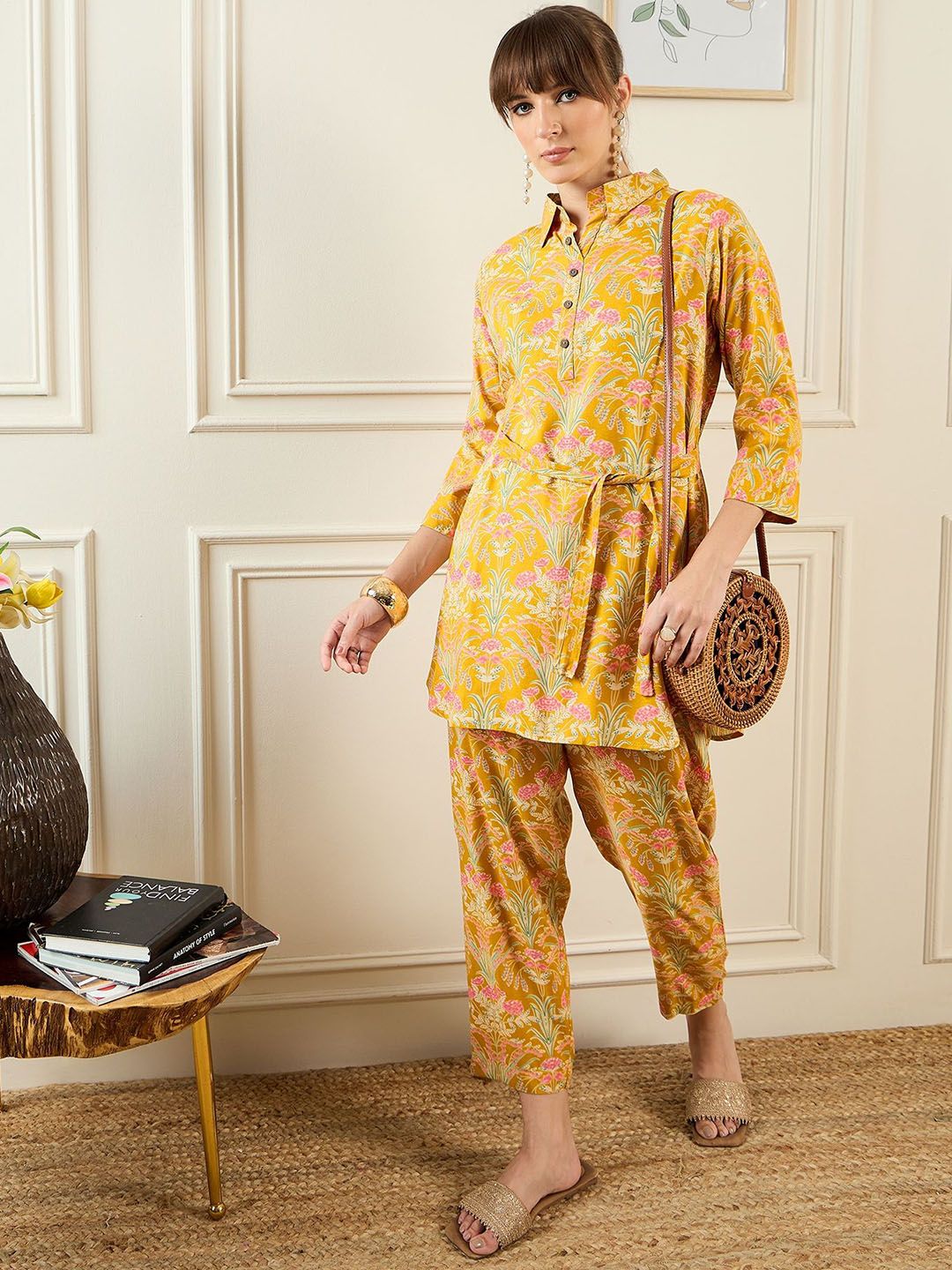 Indo Era Floral Printed Shirt Collar Tunic & Trousers