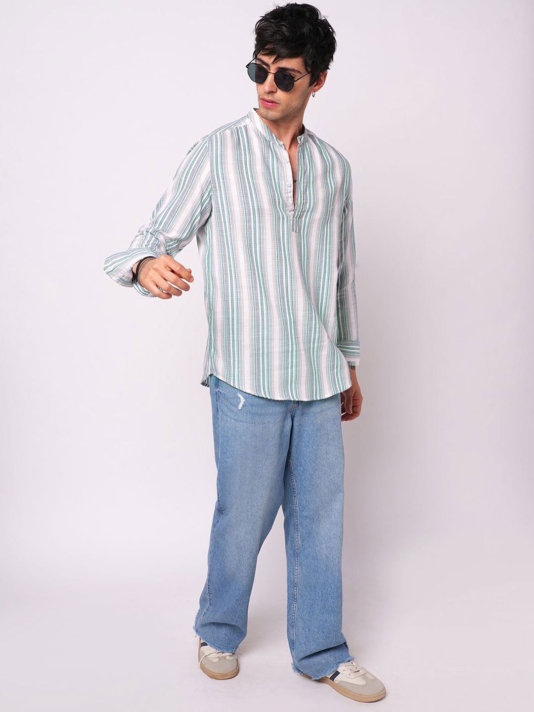 VASTRADO Retro Shoreline Azure Striped Band Collar Cotton Kurta